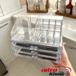 نمای جلو استند لوازم آرایشی سه کشو با طراحی زیبا طراحی و جزئیات کلیدی