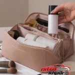 نمای جزئیات کیف لوازم آرایش زنانه چرم مصنوعی با زیپ پرداخت و جزئیات مواد