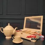 نمای جزئیات جعبه پذیرایی MDF با پایه چوبی و 8 قسمت مجزا پرداخت و جزئیات مواد