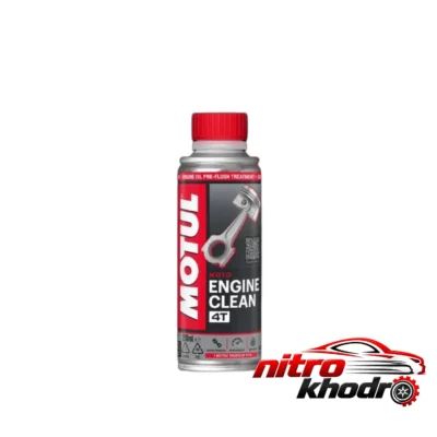 نمای بسته بندی محلول تمیز کننده موتول مدل ENGINE CLEAN 4T برچسب و بسته بندی