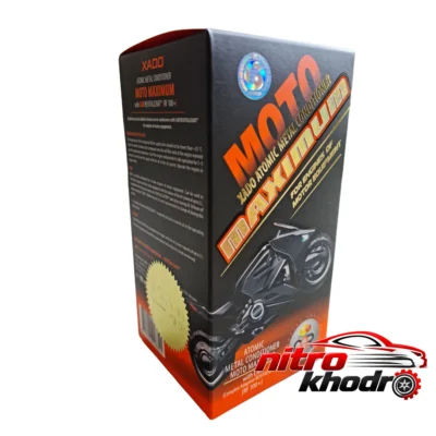 نمای بسته بندی مکمل روغن موتور اکسادو مدل Moto Maximum Atomic برچسب و بسته بندی