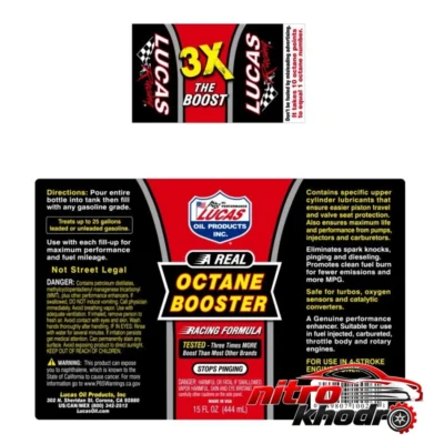 نمای بسته بندی اکتان بوستر لوکاس با قدرت سه برابر افزایش برچسب و بسته بندی