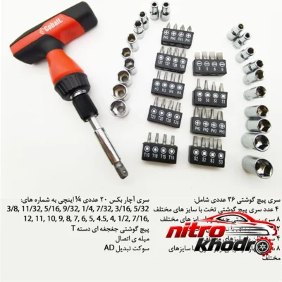 نمای بسته بندی مجموعه ابزار کبالت 59 عددی با سری پیچ گوشتی و آچار آلن برچسب و بسته بندی