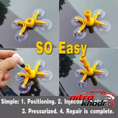 نمای بسته بندی کیت ترمیم شیشه خودرو WINDSHIELD با مایع رزین و ابزار کامل برچسب و بسته بندی