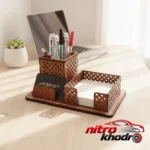 نمای بسته بندی استند لوازم اداری چوبی فروردین با طراحی زیبا برچسب و بسته بندی