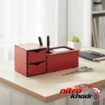 نمای بسته بندی استند لوازم اداری چوبی با طراحی زیبا برچسب و بسته بندی