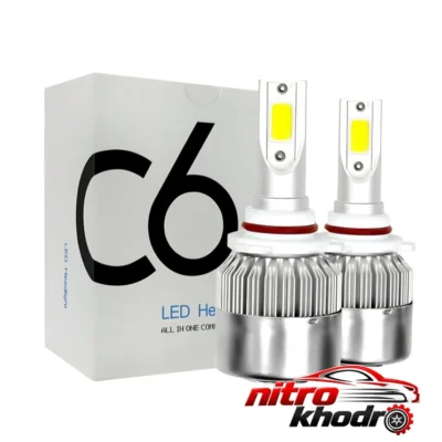نمای کناری هدلایت خودرو C6 با پایه H7 و نور سفید یخی عمق قاب و پروفایل