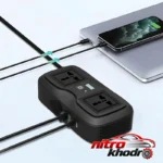 نمای بسته بندی مبدل برق گرین لاین با 2 پریز و 4 پورت USB برچسب و بسته بندی