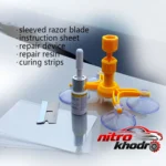 نمای جزئیات کیت ترمیم شیشه خودرو WINDSHIELD با مایع رزین و ابزار کامل پرداخت و جزئیات مواد