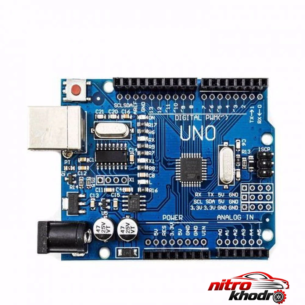 برد آردوینو مدل UNO R۳ ATmega۳۲۸P-SMD اصل برد آردوینو اصل - نمای جلو - طراحی و جزئیات کلیدی