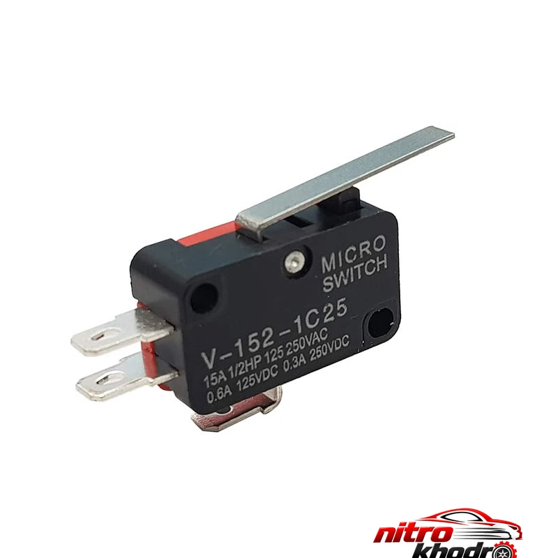 میکروسوئیچ ریز فیشی مدل V-۱۵۲ اهرم کوتاه اصل میکروسوئیچ فیشی V-152 - نمای جلو - طراحی و جزئیات کلیدی